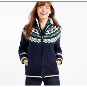 LL Bean Ragg Lambs Wool Fair Isle Sherpa Lined Zip Cardigan Sweater XL Petite